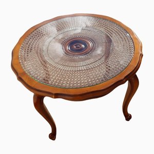 Vintage French Round Wooden, Glass & Rattan Coffee Table