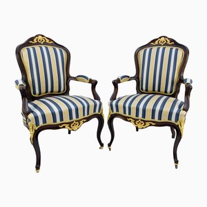 19th Century Louis XV Style Walnut and Gilt Bronze Mounted Armchairs, Set of 2
