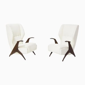 Italian Armchairs in White Bouclè and Sculpture Wood, Set of 2