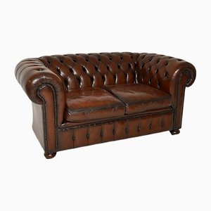 Antique Leather Deep Buttoned Two Seat Chesterfield Sofa