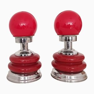 Mid-Century Modern Portuguese Red Ceramic and Chromed Metal Bedside Table Lamps, 1960s, Set of 2