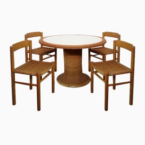 Italian Bamboo & Midollino Table and Chairs, 1970s, Set of 5