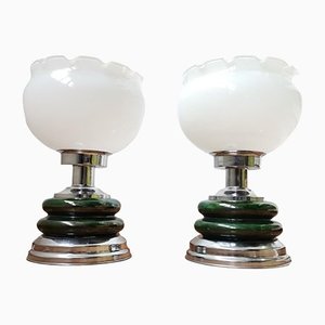 Large Mid-Century Modern Portuguese Green Ceramic White Opal Glass Chromed Metal Bedside Table Lamps, 1960s, Set of 2