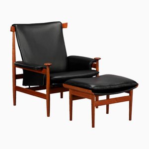 Black Leather Bwana Chair with Ottoman by Finn Juhl for France & Son, 1962, Set of 2