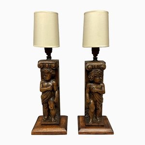 English Carved Walnut Lamps, Set of 2