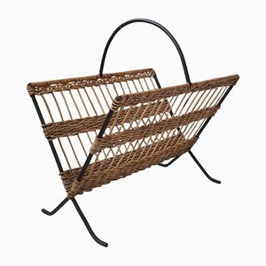 French Metal and Rattan Magazine Holder by Raoul Guys, 1950s