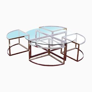 Round Glass, Brass & Steel Coffee Tables from Maison Charles, 1970s, Set of 5