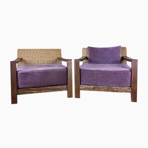 Large Teak Armchairs with Rattan Backrest, Set of 2