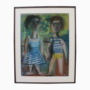 Raymond Debiève, The Kids, 1967, Pastel on Paper, Framed