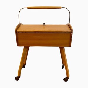 Mid-Century Wooden Sewing Box on Rolls