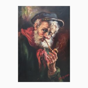 Alberto Cecconi, Man with Pipe, 1953, Oil on Canvas, Framed