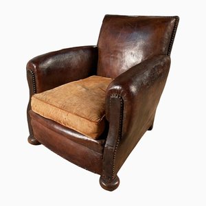 Antique French Leather Club Armchair