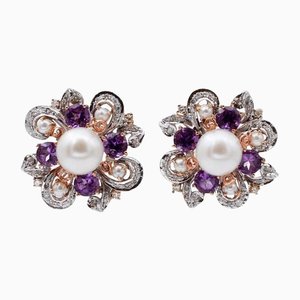 White Pearls, Diamonds, Hydrothermal Amethysts, 14Kt White and Rose Gold Earrings