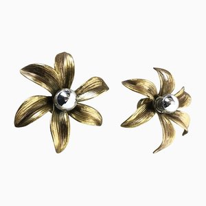 Brutalist Belgian Floral Brass Metal Wall Ceiling Light by Willy Daro, Set of 2