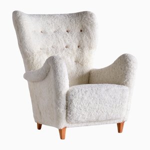 Swedish White Sheepskin and Beech Armchair by Otto Schulz from Boet, 1940s