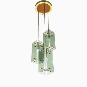 Italian Teak, Golden Aluminum & Smoked Glass Three Pendant Ceiling Lamp