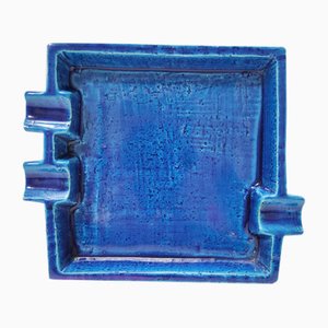 Posacenere quadrato Rimini vintage in ceramica blu di Aldo Londi per Bitossi, Italia