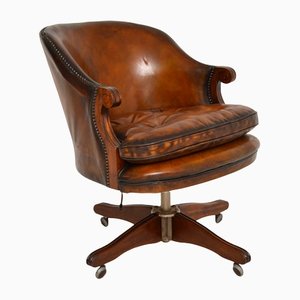 Antique Leather & Wood Swivel Desk Chair
