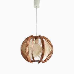 Mid-Century French Wood & Straw Wooden Hanging Lamp, 1960s
