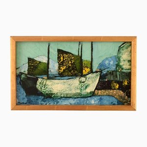 Sven Ahlgren, Modernist Landscape with Boats, Suecia, 1965, Oil on Board