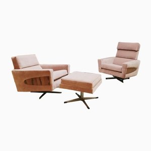 Fauteuil Pivotant et Ottomane Mid-Century Rose, Set de 3