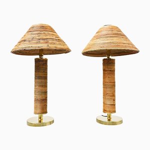 Modern Italian Brass and Bamboo Table Lamps, Set of 2