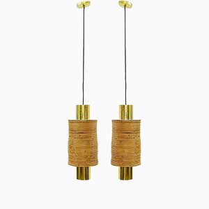Modern Italian Brass and Bamboo Pendant Lamp