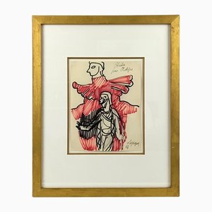 Charles Lapicque, Oedipe, 1964, Black Pencil and Red Marker, Framed