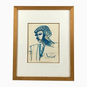 Charles Lapicque, Apollon, 1964, Black Pencil and Blue Marker, Framed