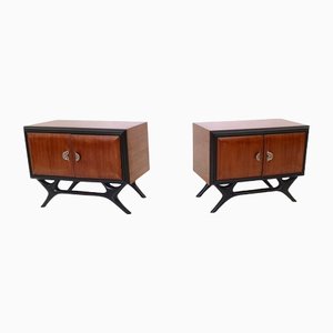 Vintage Walnut and Ebonized Wood Nightstands with Painted Handles, Italy, Set of 2