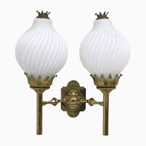 Large Vintage Two-Light Opaline Glass and Brass Sconce from Arredoluce, Italy