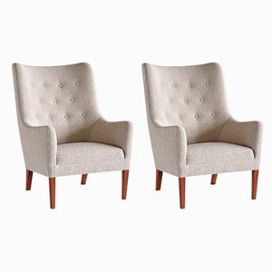 Set of Bouclé & Mahogany High Back Armchairs by Jacob Kjær, Denmark, 1940s