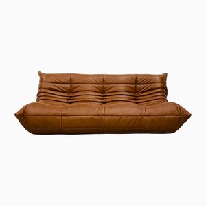 Vintage Dark Cognac Leather TOGO 3-Seater Sofa by Michel Ducaroy for Ligne Roset, 1970s