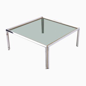 Tavolino da caffè postmoderno in acciaio con ripiano quadrato in vetro fumé