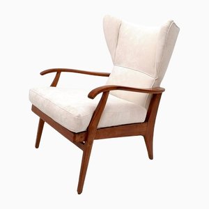 Reclining Lounge Chair with Cherry Frame and White Velvet Upholstery, Italy