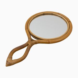 Mid-Century Rattan Hand Mirror, French