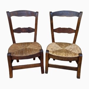 Mid-Century French Oak and Rush Chairs with Natural Fibers Seats, Set of 2