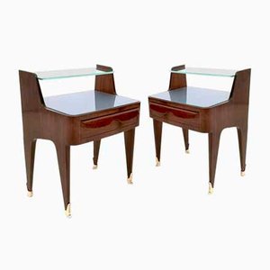 Mid-Century Wooden Nightstands with Crystal Shelf and Glass Top, Italy, Set of 2