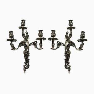 Antique Italian Silver-Plated Bronze Sconces, Set of 2