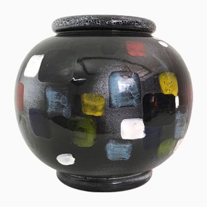 Vintage Black Deruta Ceramic Vase with Multicolored Details, Italy