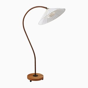 Art Deco Swedish Floor Lamp in Brass and Paper Cord Webbing