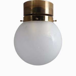 Large Mid-Century Light with Brass Frame and White Pearl Glass Globes