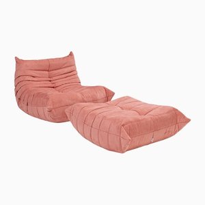 Togo Pink Armchair and Footstool by Michel Ducaroy for Ligne Roset, Set of 2