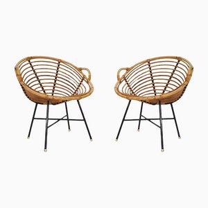 Rattan & Metal Lounge Chair from Rohe Noordwolde, The Netherlands, 1950s, Set of 2