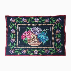 Vintage Wool Rug with Floral Design