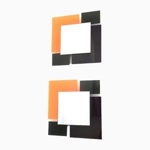 Quadratische postmoderne Wandspiegel in Schwarz & Orange im Stil von Sottsass, 1980er, 2er Set