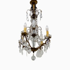 Lámpara de araña francesa Mid-Century con gotas de cristal y bola