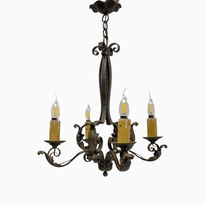 French Art Deco Wrought Iron Acanthus Leaf Chandelier, 1930s