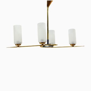 French Golden Chrome and Frosted Glass Ceiling Pendant in the Style of Arlus, 1960s