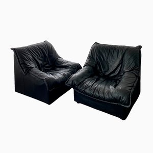 Black Leather Armchairs, 1980s, Set of 2